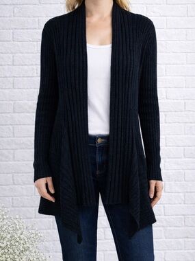 Eileen Fisher Ribbed Open Front Cardigan Sweater in Dark Charcoal Size M